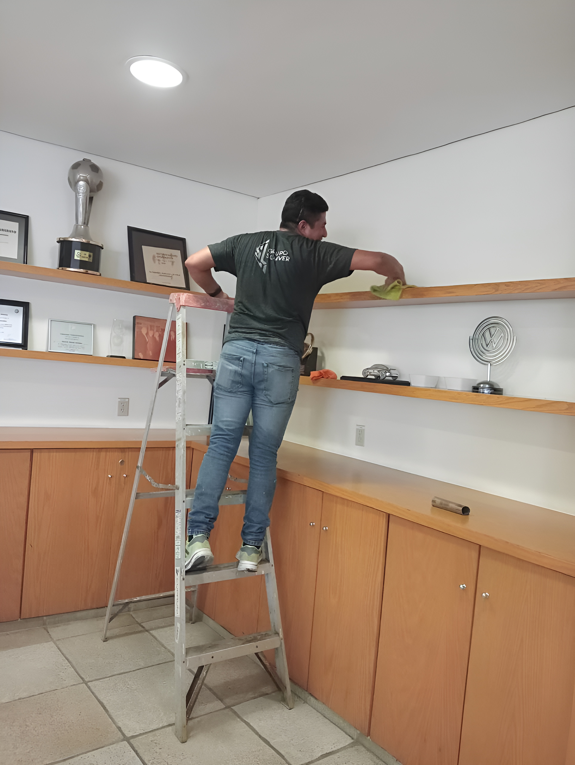 Desempolvado de repisas altas — oficina